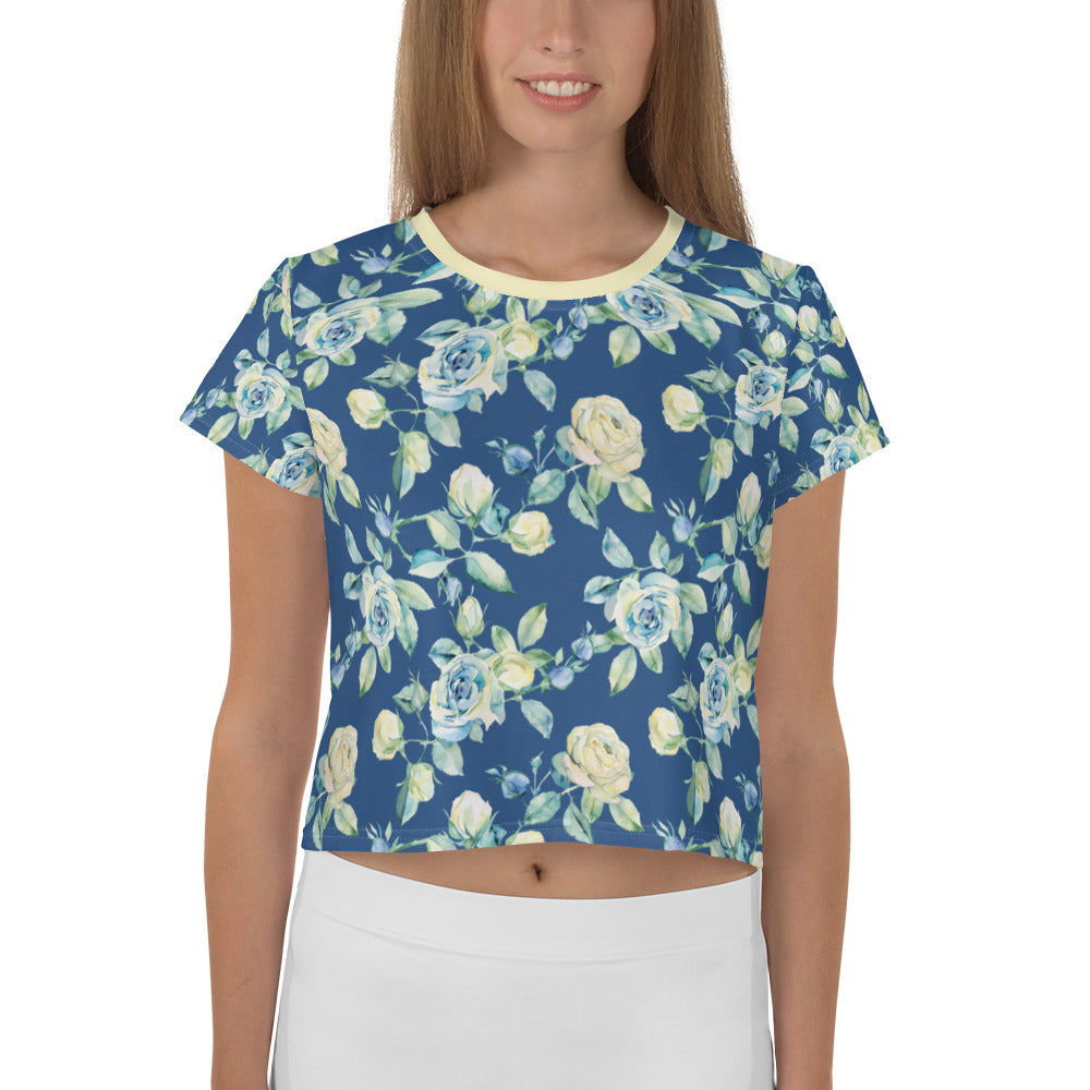 Blue Light Flower Vintage Cottagecore-Inspired Crop Tee