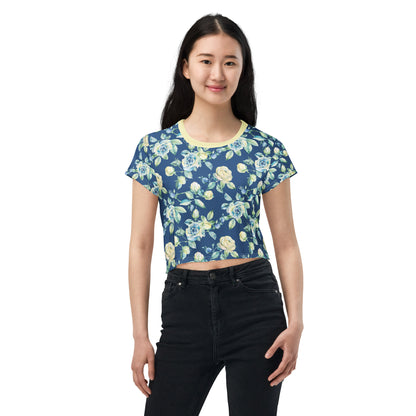 Blue Light Flower Vintage Cottagecore-Inspired Crop Tee