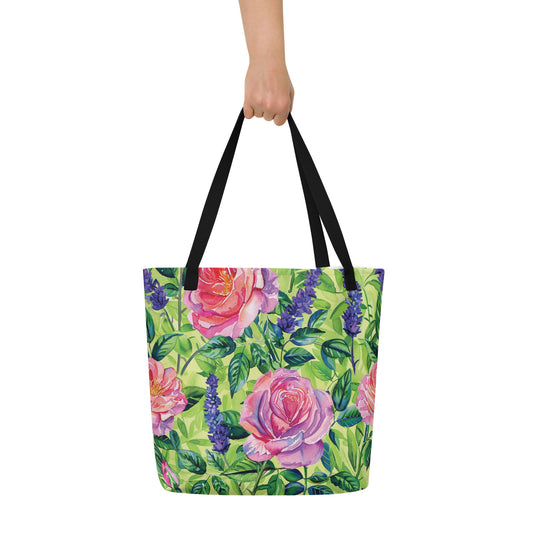 Neon Rose Garden Vintage Cottagecore-Inspired Large Tote Bag