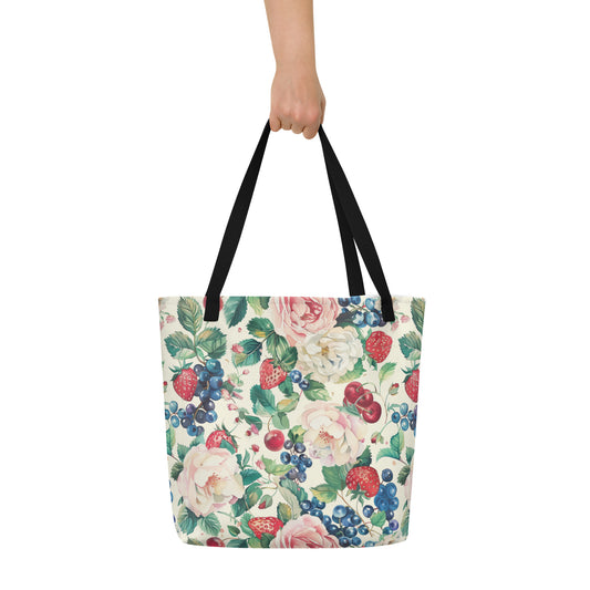 Strawberry Harvest Vintage Cottagecore-Inspired Large Tote Bag