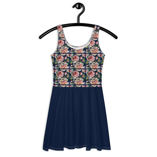 Navy Ink Floral Bloom Vintage Cottagecore-Inspired Dress