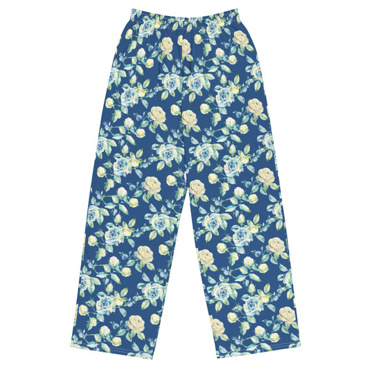 Blue Light Flower Vintage Cottagecore-Inspired Drawstring Waist Pants