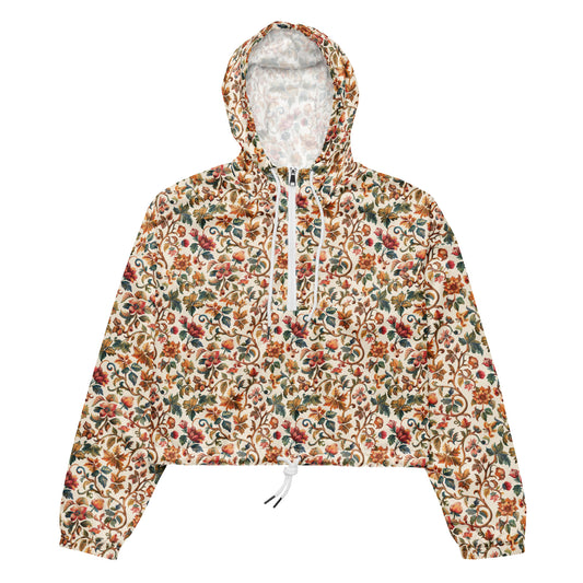 Cream Floral Jacobean Vintage Cottagecore-Inspired Cropped Windbreaker