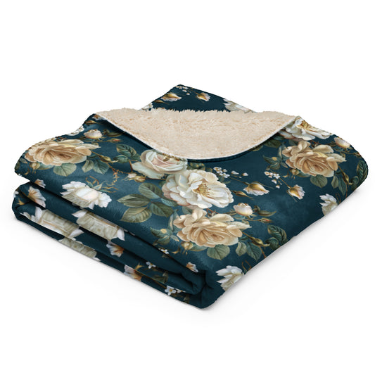 Navy Blossom Garden Vintage Cottagecore-Inspired Sherpa Blanket